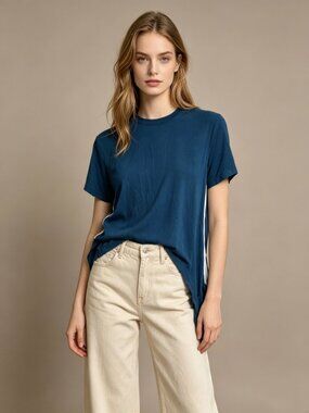 $319 PortsPURE Womens Blue irregular hem knit patchwork top Size M
